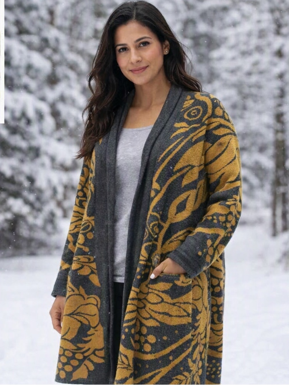 Wool Open-Front Floral Cardigan in Gold and Charcoal